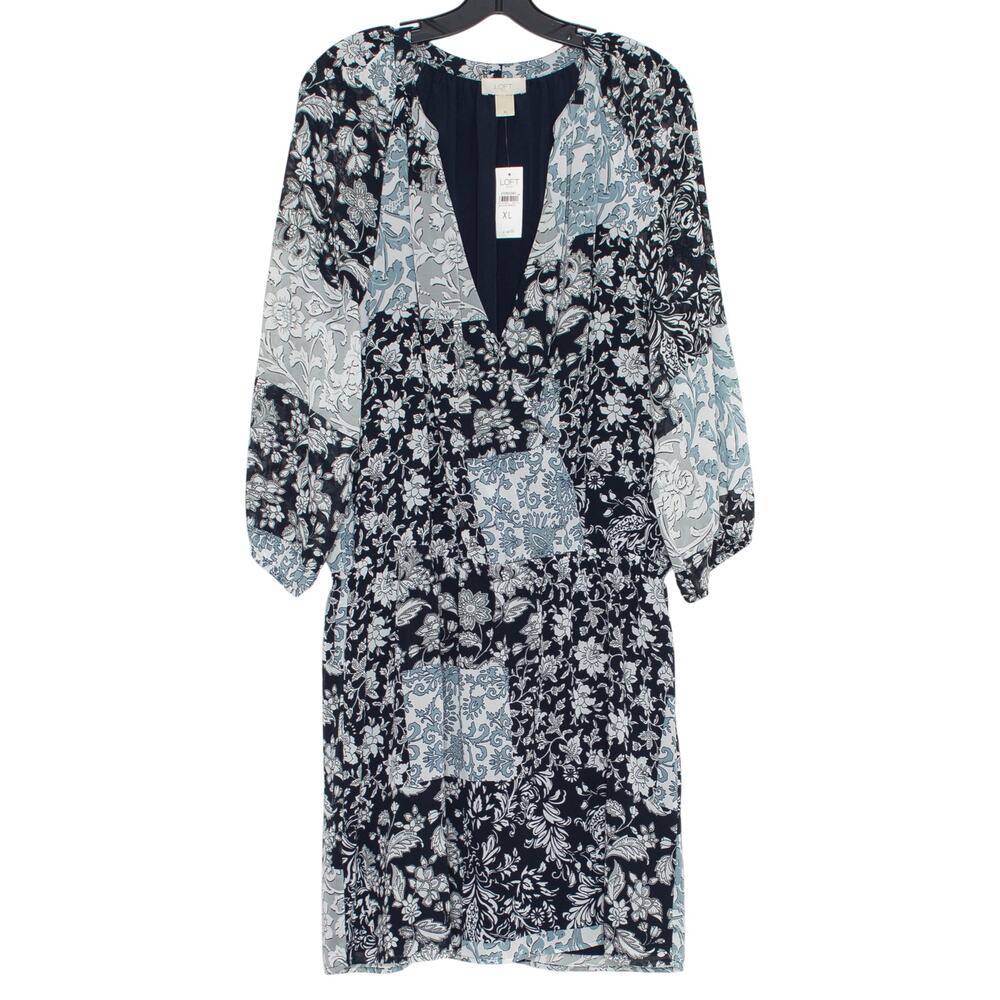 NWT Loft Dress Floral Patchwork Balloon Sleeve Boho Cottagecore Blue Black XL